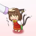  ^_^ animal_ears blush brown_hair cat_ears cat_tail chen chibi closed_eyes dress earrings fang happy hat hat_removed headwear_removed jewelry kakushiaji multi_tail multiple_tails nyan petting smile tail tail_wagging touhou wagging 