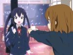  animated animated_gif black_hair brown_hair cake cap food gif gloom_(expression) hirasawa_yui k-on! lie lowres multiple_girls nakano_azusa pastry school_uniform screencap sparkle twintails 