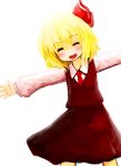  bad_id blonde_hair blush closed_eyes hair_ribbon mugi_(banban53) necktie outstretched_arms ribbon rumia short_hair smile solo spread_arms touhou 