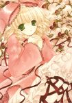 1girl asapon blonde_hair bow commentary_request dress drill_hair flower green_eyes hina_ichigo own_hands_clasped own_hands_together pink_bow rozen_maiden short_hair solo traditional_media