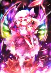  blonde_hair bobby_socks flandre_scarlet glowing hands_clasped hat laevatein looking_at_viewer mary_janes purple_eyes red_eyes shoes short_hair side_ponytail socks standing touhou v_arms wings 