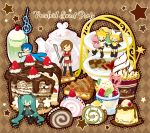  aqua_hair blonde_hair blue_eyes blue_hair brown_hair cake checkerboard_cookie chibi cookie food fork hair_ornament hair_ribbon hairclip hatsune_miku ice_cream jimou.yu kagamine_len kagamine_rin kaito long_hair macaron meiko pastry ribbon short_hair smile tea twintails vocaloid wink 