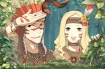  1girl arachnid baccano baccano! bad_id blonde_hair brown_eyes elmmoo face_paint facepaint feathers flower forest fringe hair_feather hair_flower hair_ornament headdress indian_headdress isaac_dian jewelry miria_harvent native_american_headdress nature ring snail snake spider warbonnet 