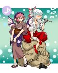  animal_ears azuki_osamitsu blush bow fujiwara_no_mokou hair_ribbon head_scarf japanese_clothes kiseru long_hair multiple_girls musical_note mystia_lorelei okamisty pink_hair pipe red_eyes ribbon short_hair silver_hair tasuki touhou wings 