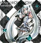  butterfly detached_sleeves hand_on_hip hatsune_miku hirako long_hair megurine_luka nail_polish necktie silver_hair skirt takoluka thigh-highs thighhighs very_long_hair vocaloid zettai_ryouiki 