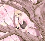  bag blonde_hair branch cherry_blossoms dress green_eyes highres original short_hair thigh-highs thighhighs tree zettai_ryouiki 
