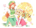  blonde_hair blush braid china_dress chinadress chinese_clothes clover flandre_scarlet flower four-leaf_clover hat highres hong_meiling kneeling kodamari long_hair open_mouth ponytail red_eyes red_hair redhead ribbon short_hair side_ponytail sitting smile touhou twin_braids v_arms wariza wings 