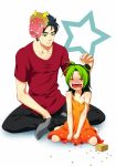  black_hair blush collarbone double_bun dress father_and_daughter green_eyes green_hair jojo_no_kimyou_na_bouken kujo_jolyne kujo_jotaro kuujou_jolyne kuujou_joutarou mamemaki mask nohko oni open_mouth pants setsubun sitting socks star strap_slip sundress sweatdrop t-shirt tears young 