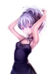  1girl armpits arms_up black_dress black_ribbon breasts cleavage darker_than_black dress high_ponytail huazang long_hair mouth_hold ribbon ribbon_in_mouth silver_hair small_breasts solo violet_eyes yin 