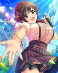  1girl alternate_costume artist_request beret bracelet breasts brown_eyes brown_hair hat idolmaster idolmaster_cinderella_girls jewelry large_breasts leaf microphone official_art oikawa_shizuku shirt short_hair smile suspenders tree white_shirt 