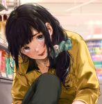  1girl :p ayase_totsuki bangs black_hair blurry blush ceiling collarbone collared_shirt convenient_censoring depth_of_field green_eyes hair_ornament hair_over_one_eye hair_scrunchie knee_up long_hair looking_at_viewer low_ponytail messy_hair mole mole_under_eye mole_under_mouth original pants pearl pocket scrunchie shade shampoo_bottle shirt solo sweat tongue tongue_out yellow_shirt 