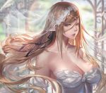  1girl bare_shoulders blonde_hair blurry breasts bridal_veil bride cleavage depth_of_field detached_sleeves dress gtunver hair_ribbon half-closed_eyes kiss-shot_acerola-orion_heart-under-blade large_breasts long_hair monogatari_(series) pointy_ears revision ribbon solo veil wedding_dress white_feathers yellow_eyes 
