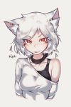 1girl :p absurdres animal_ears breasts cat_ears collar deel_(rkeg) highres looking_at_viewer medium_breasts off_shoulder original red_eyes revision short_hair simple_background solo sports_bra tongue tongue_out upper_body white_hair 