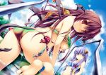  2girls ankle_ribbon arms_behind_back ass back bangs bikini blue_sky blunt_bangs blush breasts clouds condensation_trail crescent crescent_hair_ornament day demon_tail demon_wings dutch_angle eyes_visible_through_hair from_below gradient_bikini hair_ornament hair_ribbon kai_yuuki koakuma lavender_eyes lavender_hair long_hair looking_at_viewer maroon_hair medium_breasts multiple_girls navel nose_blush parted_lips patchouli_knowledge pool red_eyes ribbon side-tie_bikini sky soles striped_bikini_top swimsuit tail thighs touhou tree tress_ribbon under_boob water wet wings 