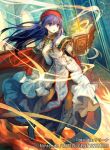 1girl alternate_costume blue_eyes blue_hair book boots cape copyright_name dress elbow_gloves fire_emblem fire_emblem:_fuuin_no_tsurugi fire_emblem_cipher gloves hand_on_own_chest hat holding holding_book jewelry knee_boots lilina long_hair magic pantyhose smile solo white_dress white_gloves 
