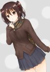  1girl alternate_costume blue_skirt breasts brown_eyes brown_hair cardigan commentary denpa_(denpae29) hair_ornament highres kantai_collection long_sleeves medium_breasts pleated_skirt remodel_(kantai_collection) school_uniform sendai_(kantai_collection) skirt solo two_side_up 