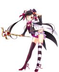  1girl artist_request black_hair blush cape choker flat_chest full_body gem hair_ornament hat high_heels holding jewelry leotard looking_at_viewer one_eye_closed red_eyes ribbon sennen_sensou_aigis shoes smile solo staff standing striped striped_legwear twintails 