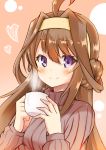  1girl absurdres ahoge blush brown_hair casual cup double_bun hairband highres kantai_collection kongou_(kantai_collection) long_hair looking_at_viewer shibakame_(917narto8537) smile solo sweater teacup violet_eyes 