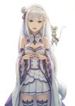  1girl animal bag bangs braid breasts cleavage crossed_arms detached_sleeves dnlin dress emilia_(re:zero) flower gem hair_flower hair_ornament hair_ribbon jewelry levitation long_hair looking_at_viewer medium_breasts pack_(re:zero) pendant pointy_ears re:zero_kara_hajimeru_isekai_seikatsu ribbon silver_hair simple_background smile standing thigh-highs violet_eyes white_background zettai_ryouiki 