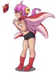  1girl ahoge ankle_boots bike_shorts boots cape flat_chest full_body hair_ornament hands_together kathleen_lim long_hair low_ponytail monster_super_league personification pointy_ears purple_hair red_eyes sarashi seastar_(monster_super_league) smile solo standing starfish white_background 