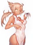  1girl blonde_hair breasts cleavage cleavage_cutout controller covered_navel dark_skin fumio_(rsqkr) game_controller gamepad hips long_hair looking_at_viewer nchallenge nchans nyachan simple_background smile solo white_background yellow_eyes 