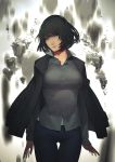  1girl black_hair breasts commentary cowboy_shot floating_rock fubuki_(one-punch_man) gamma_(geoffrey) green_eyes head_tilt jacket_on_shoulders large_breasts lips one-punch_man pants popped_collar shirt short_hair solo thigh_gap 