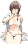  1girl arm_behind_back ass_visible_through_thighs bed_sheet blush bra braid breasts brown_eyes brown_hair flying_sweatdrops glasses hair_over_shoulder hand_to_own_mouth highres long_hair medium_breasts navel nikotamu no_pants open_clothes open_mouth open_shirt original panties shirt sitting sketch solo sweat thigh_gap twin_braids underwear undressing white_bra white_panties 