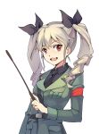  1girl anchovy belt black_necktie black_ribbon brown_eyes girls_und_panzer hair_ribbon holding huazang long_hair military military_uniform necktie open_mouth ribbon riding_crop silver_hair simple_background solo twintails uniform white_background 