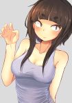  1girl bangs blush breasts brown_eyes brown_hair claw_pose grey_background highres jovejun large_breasts long_hair looking_to_the_side medium_breasts original simple_background sleeveless solo tank_top upper_body 
