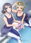  2girls absurdres amanchu! black_hair blue_eyes green_eyes green_hair highres kohinata_hikari looking_at_viewer multiple_girls official_art ooki_futaba open_mouth scan short_hair sitting swimsuit water 