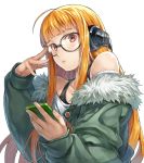 1girl cellphone glasses headphones jacket keg long_hair orange_hair persona persona_5 phone sakura_futaba smartphone 