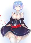  1girl absurdres bangs blue_eyes blue_hair breasts cleavage detached_collar detached_sleeves dress eyes_visible_through_hair flower frilled_dress frilled_legwear frilled_sleeves frills hair_ornament hair_over_one_eye hair_ribbon highres horz looking_at_viewer maid maid_headdress medium_breasts open_mouth petals pink_ribbon purple_ribbon re:zero_kara_hajimeru_isekai_seikatsu rem_(re:zero) ribbon rose rose_petals short_hair smile solo standing thigh-highs white_legwear x_hair_ornament zettai_ryouiki 