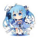  1girl absurdly_long_hair blue_eyes blue_hair chibi detached_sleeves fingerless_gloves gloves hair_ornament hairclip hatsune_miku long_hair mao_yu one_eye_closed rabbit skirt snowflakes twintails very_long_hair vocaloid yuki_miku yukine_(vocaloid) 