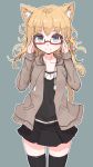  1girl animal_ears black_legwear blonde_hair blue_eyes cat_ears cat_tail glasses highres long_hair looking_at_viewer original red-framed_eyewear semi-rimless_glasses shone simple_background skirt smile solo tail thigh-highs under-rim_glasses zettai_ryouiki 