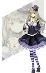  1girl bow choker dress earrings frilled_dress frills gloves grey_hair hat jewelry juliet_sleeves kishida_mel lolita_fashion long_hair long_sleeves looking_at_viewer necklace original puffy_sleeves shoes simple_background standing striped striped_legwear violet_eyes white_gloves 