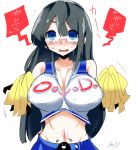  1girl alternate_costume bare_shoulders black_hair blue_eyes blush breasts cheerleader crop_top geeru_magajin glasses kantai_collection large_breasts looking_at_viewer narrowed_eyes navel ooyodo_(kantai_collection) open_mouth pom_poms skirt solo translation_request upper_body 