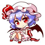  1girl bat_wings blue_hair blush_stickers bow chibi dress hair_between_eyes hat hat_ribbon looking_at_viewer lowres mary_janes mob_cap puffy_short_sleeves puffy_sleeves red_bow red_eyes red_ribbon red_shoes remilia_scarlet ribbon ribbon_trim shinobu_shinobu shoes short_hair short_sleeves simple_background sitting smile socks solo touhou white_background white_dress white_hat white_legwear wings 
