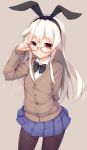  1girl absurdres adapted_costume black_legwear blonde_hair blush bow bowtie cardigan glasses_day grey_eyes hairband hand_on_glasses highres kantai_collection katoroku light_brown_background long_hair long_sleeves pantyhose pleated_skirt red-framed_eyewear shimakaze_(kantai_collection) simple_background skirt solo 