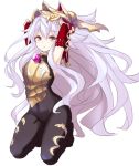  1girl arms_behind_head blush character_request covered_navel granblue_fantasy kneeling lavender_hair long_hair orange_eyes simple_background solo very_long_hair white_background yu-ves 