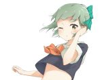  1girl arm_up bangs blush bow bowtie bra crop_top eyebrows eyebrows_visible_through_hair green_bow green_hair hair_bow kantai_collection looking_at_viewer one_eye_closed orange_bow orange_bowtie parted_lips sailing short_hair short_sleeves simple_background solo suke_(momijigari) underwear upper_body white_background white_bra yellow_eyes yuubari_(kantai_collection) 