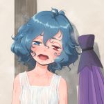  1girl bangs blue_eyes blue_hair blush closed_umbrella collarbone frilled_shirt frills hair_between_eyes half-closed_eyes heterochromia highres hot karakasa_obake kitano_(kitanosnowwhite) messy_hair open_mouth purple_umbrella red_eyes saliva shirt short_hair sleeveless sleeveless_shirt solo steam sweat sweating tank_top tatara_kogasa tongue touhou umbrella upper_body wall wet white_shirt 