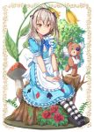  1girl alice_(wonderland) alice_(wonderland)_(cosplay) alice_in_wonderland boko_(girls_und_panzer) brown_eyes brown_hair clubs_(playing_card) cosplay diamonds_(playing_card) dress flower girls_und_panzer gurande_(g-size) hairband hearts_(playing_card) highres light_brown_hair long_hair mushroom namesake pantyhose ribbon rose shimada_arisu side_ponytail sitting spades_(playing_card) striped striped_legwear stuffed_toy tree tree_stump wrist_cuffs 