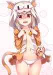  1girl animal_ears animal_hood ass_visible_through_thighs bell blush cat_hood character_hood cowboy_shot embarrassed fate/kaleid_liner_prisma_illya fate_(series) hood hooded_jacket illyasviel_von_einzbern jacket jingle_bell long_hair long_sleeves looking_at_viewer magical_girl magical_ruby navel nekoarc no_pants open_clothes open_jacket open_mouth panties paw_print red_eyes revision silver_hair solo star stomach tail thigh_gap underwear untied wavy_mouth white_background white_panties yan_(nicknikg) 