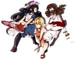  3girls ^_^ apron aya_drevis black_hair blonde_hair blood blood_on_face bloody_clothes bloody_weapon blue_dress blue_eyes blue_rose bow braid brown_hair chainsaw closed_eyes commentary crossover dress flat_chest flower full_body green_eyes hair_bow hime_cut ib ib_(ib) kathleen_lim loafers long_hair mad_father majo_no_ie multiple_crossover multiple_girls puffy_short_sleeves puffy_sleeves rose sandals scissors shoes short_sleeves skirt stuffed_animal stuffed_toy teddy_bear twin_braids viola_(majo_no_ie) weapon white_dress 