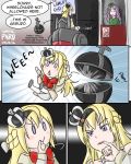  3girls admiral_paru austin_powers blonde_hair blush blush_stickers braid chibi comic crown french_braid globus_cruciger jewelry kantai_collection long_hair machinery mini_crown multiple_girls pink pinky_to_mouth ring scepter warspite_(kantai_collection) 