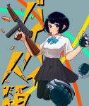  1girl baibai_jinrui black_hair black_legwear bob_cut bullet explosive grenade grenade_pin gun highres mayama_maya mole mole_under_eye pantyhose pleated_skirt school_uniform short_hair skirt solo submachine_gun thompson_submachine_gun violet_eyes weapon 