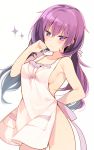  1girl apron arm_behind_back blush breasts hair_ribbon long_hair looking_at_viewer low_twintails mayachi_(amuriya) medium_breasts naked_apron purple_hair ribbon sideboob smile solo sparkle twintails violet_eyes white_apron white_background 