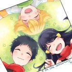  1girl 2boys anniversary black_hair blonde_hair closed_eyes curly_hair hair_ornament hairclip hikari_(pokemon) jun_(pokemon) kouki_(pokemon) long_hair lying multiple_boys on_back pokemon pokemon_(game) pokemon_dppt scarf short_hair smile teeth 