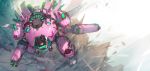  1girl bangs brown_hair commentary_request d.va_(overwatch) debris facepaint facial_mark headphones highres holographic_interface kieed lens_flare mecha meka_(overwatch) overwatch pilot_suit piloting solo swept_bangs whisker_markings 