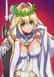  ahoge bare_shoulders blonde_hair breasts bursting_breasts elbow_gloves fate/grand_order fate_(series) gloves gradient gradient_background green_eyes highres itaco1987 large_breasts light_smile long_hair looking_at_viewer red_background saber_bride saber_extra sketch sword weapon white_gloves zipper 